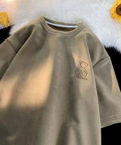 Men's Suede Short-Sleeve T-Shirt with Japanese Retro Bear Stamp | Casual Loose Fit Summer Top