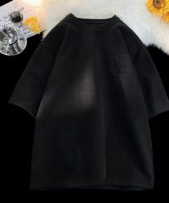 Men's Suede Short-Sleeve T-Shirt with Japanese Retro Bear Stamp | Casual Loose Fit Summer Top