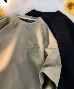 Men's Suede Short-Sleeve T-Shirt with Japanese Retro Bear Stamp | Casual Loose Fit Summer Top