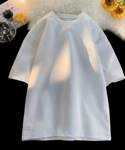 Men's Suede Short-Sleeve T-Shirt with Japanese Retro Bear Stamp | Casual Loose Fit Summer Top