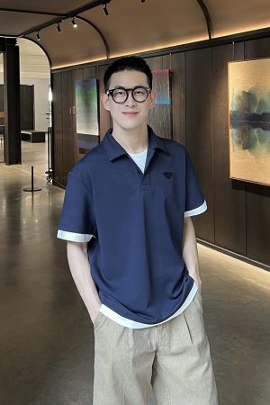 Men's Summer Blue Fake Two-Piece Polo Shirt - Versatile Small Logo, Korean Style, Casual Fashion