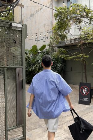 Men's Summer Blue Striped Short Sleeve Shirt Jacket - Korean Style Casual Vacation Wear