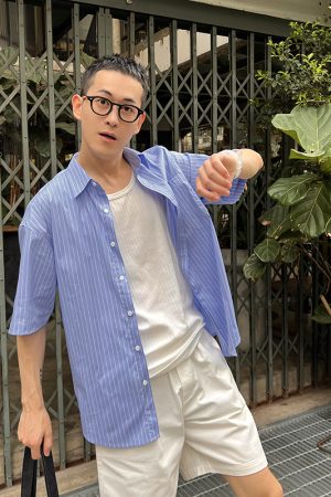 Men's Summer Blue Striped Short Sleeve Shirt Jacket - Korean Style Casual Vacation Wear
