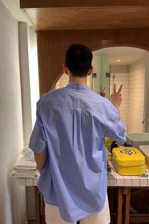 Men's Summer Blue Striped Short Sleeve Shirt Jacket - Korean Style Casual Vacation Wear