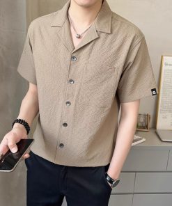 Men's Summer Ice Silk Short Sleeve Shirt - Loose Cuban Collar, High-Quality Solid Color Half Sleeve Top, Casual Jacket for Stylish Look