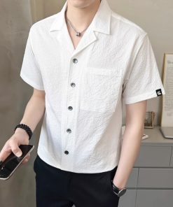 Men's Summer Ice Silk Short Sleeve Shirt - Loose Cuban Collar, High-Quality Solid Color Half Sleeve Top, Casual Jacket for Stylish Look