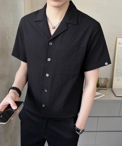 Men's Summer Ice Silk Short Sleeve Shirt - Loose Cuban Collar, High-Quality Solid Color Half Sleeve Top, Casual Jacket for Stylish Look