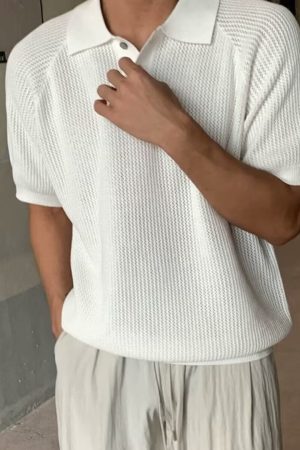 Men's Summer Knitted Polo Shirt, Honeycomb Texture, Loose Fit, Short Sleeve, Niche Cool Style, Trendy Korean Design