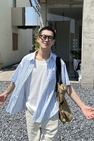 Men's Summer Korean-Style Casual Blue Striped Textured Shirt - Loose Fit, Versatile Minimalist Outdoor Wear