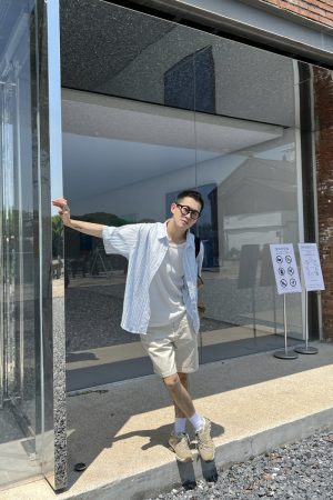 Men's Summer Korean-Style Casual Blue Striped Textured Shirt - Loose Fit, Versatile Minimalist Outdoor Wear