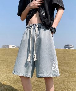 Men's Summer Loose-Fit Denim Shorts - Trendy Mid-Length Elastic Waist Pants for Youth, Casual Streetwear 2025 Style