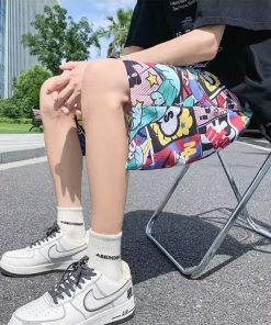 Men's Summer Loose Ice Silk Shorts, Quick-Dry Beach Pants with Trendy Cartoon Print, Breathable Casual Five-Point Style