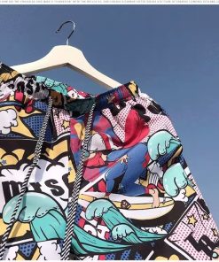 Men's Summer Loose Ice Silk Shorts, Quick-Dry Beach Pants with Trendy Cartoon Print, Breathable Casual Five-Point Style