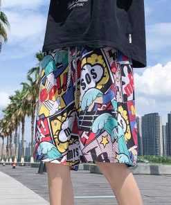 Men's Summer Loose Ice Silk Shorts, Quick-Dry Beach Pants with Trendy Cartoon Print, Breathable Casual Five-Point Style