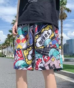Men's Summer Loose Ice Silk Shorts, Quick-Dry Beach Pants with Trendy Cartoon Print, Breathable Casual Five-Point Style