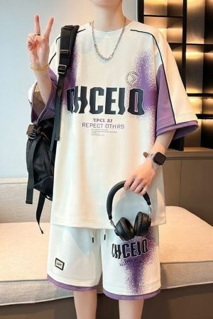 Men's Summer Short Sleeve T-Shirt Set, Youth College Style, Versatile Loose Fit Casual Two-Piece Sports Outfit