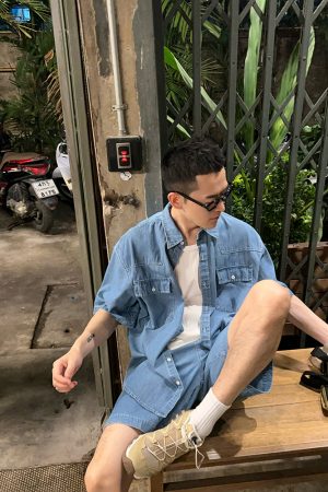 Men's Thin Soft Draped Denim Short Sleeve Shirt with Pocket - Summer Workwear Style, Casual Fashion, Versatile Everyday Essential