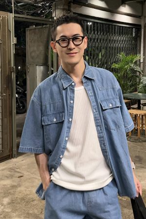 Men's Thin Soft Draped Denim Short Sleeve Shirt with Pocket - Summer Workwear Style, Casual Fashion, Versatile Everyday Essential