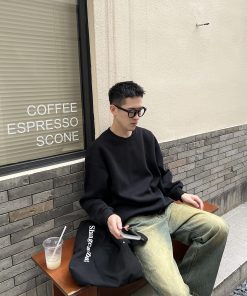 Men's Trendy Loose Casual Black Pullover Sweatshirt - Solid Color Round Neck Top for Autumn and Winter Fashion