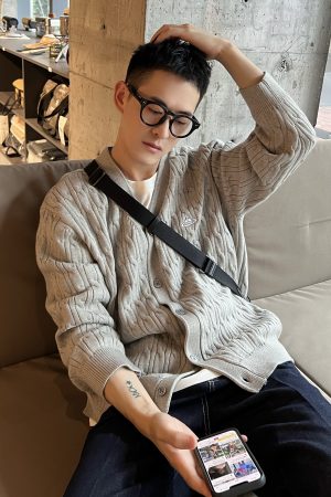 Men's V-Neck Thick Cable Knit Cardigan - Autumn and Winter Long Sleeve Sweater, Casual Knit Outerwear