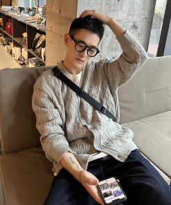 Men's V-Neck Thick Cable Knit Cardigan - Autumn and Winter Long Sleeve Sweater, Casual Knit Outerwear