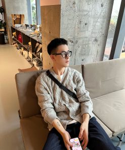 Men's V-Neck Thick Cable Knit Cardigan - Autumn and Winter Long Sleeve Sweater, Casual Knit Outerwear