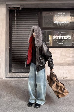 Men's Vintage American High Street PU Leather Jacket with Fur Collar, Thick Mountain Eagle Design for Winter Fashion