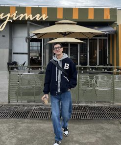 Men's Vintage Dark Blue Color-Blocked Baseball Jacket - Thick American Style Snap-Button Coat for Autumn & Winter