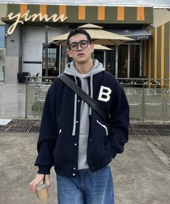 Men's Vintage Dark Blue Color-Blocked Baseball Jacket - Thick American Style Snap-Button Coat for Autumn & Winter