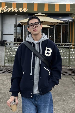 Men's Vintage Dark Blue Color-Blocked Baseball Jacket - Thick American Style Snap-Button Coat for Autumn & Winter