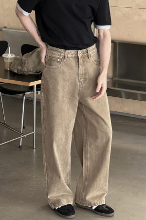 Men's Vintage Khaki Washed Loose Straight Wide-Leg Jeans - Spring 90s Retro Style