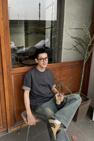 Men's Vintage Plaid Spliced Short Sleeve T-Shirt - American Style Round Neck Loose Fit Summer Top