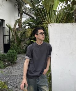 Men's Vintage Plaid Spliced Short Sleeve T-Shirt - American Style Round Neck Loose Fit Summer Top