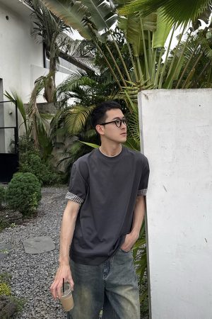Men's Vintage Plaid Spliced Short Sleeve T-Shirt - American Style Round Neck Loose Fit Summer Top