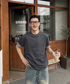 Men's Vintage Plaid Spliced Short Sleeve T-Shirt - American Style Round Neck Loose Fit Summer Top