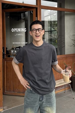 Men's Vintage Plaid Spliced Short Sleeve T-Shirt - American Style Round Neck Loose Fit Summer Top