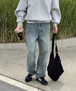 Men's Vintage Washed Distressed Denim Pants - Loose Straight Casual Trousers for Autumn & Winter, Versatile 90s Style