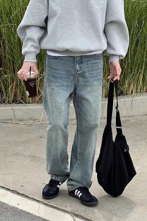 Men's Vintage Washed Distressed Denim Pants - Loose Straight Casual Trousers for Autumn & Winter, Versatile 90s Style