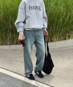 Men's Vintage Washed Distressed Denim Pants - Loose Straight Casual Trousers for Autumn & Winter, Versatile 90s Style