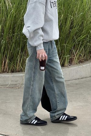 Men's Vintage Washed Distressed Denim Pants - Loose Straight Casual Trousers for Autumn & Winter, Versatile 90s Style