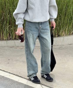 Men's Vintage Washed Distressed Denim Pants - Loose Straight Casual Trousers for Autumn & Winter, Versatile 90s Style