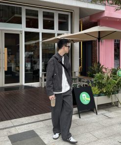 Men's Vintage Washed Distressed Gray Curved Knife Jeans - Straight Loose Fit Autumn Pants