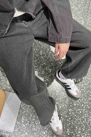 Men's Vintage Washed Distressed Gray Curved Knife Jeans - Straight Loose Fit Autumn Pants