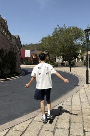 Men's White Short Sleeve T-Shirt with Back Letter Print - Casual Loose Fit for Summer, American High Street Style