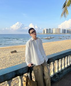 Men's White Striped Long Sleeve Bubble Cotton Cardigan - Versatile Autumn Top for Casual and Smart Looks