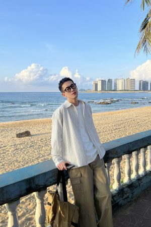 Men's White Striped Long Sleeve Bubble Cotton Cardigan - Versatile Autumn Top for Casual and Smart Looks