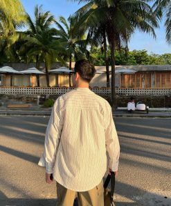 Men's White Striped Long Sleeve Bubble Cotton Cardigan - Versatile Autumn Top for Casual and Smart Looks