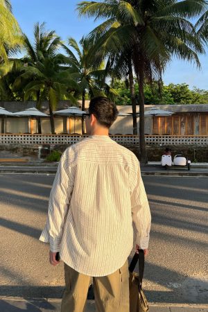 Men's White Striped Long Sleeve Bubble Cotton Cardigan - Versatile Autumn Top for Casual and Smart Looks