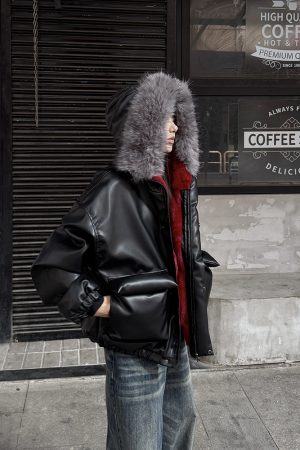 Men's Winter PU Leather Mountain Eagle Jacket with Fur Collar, Thickened Cotton Outerwear, High-Design, Premium Feel, Y2K Style