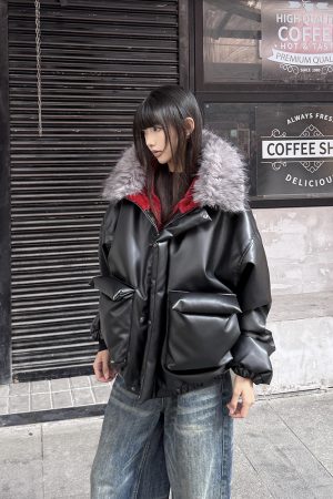 Men's Winter PU Leather Mountain Eagle Jacket with Fur Collar, Thickened Cotton Outerwear, High-Design, Premium Feel, Y2K Style